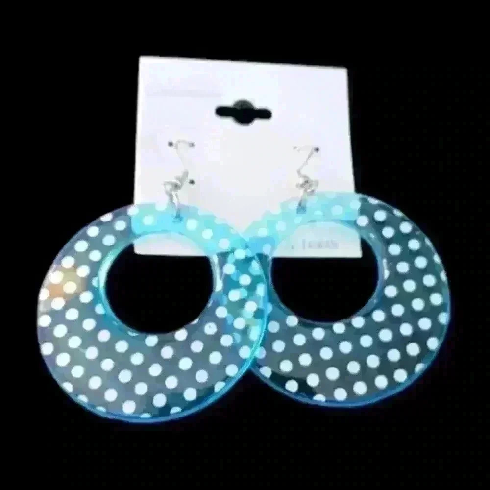 Blue Circle dangly earring with white polka-dots. - Picture 2 of 2